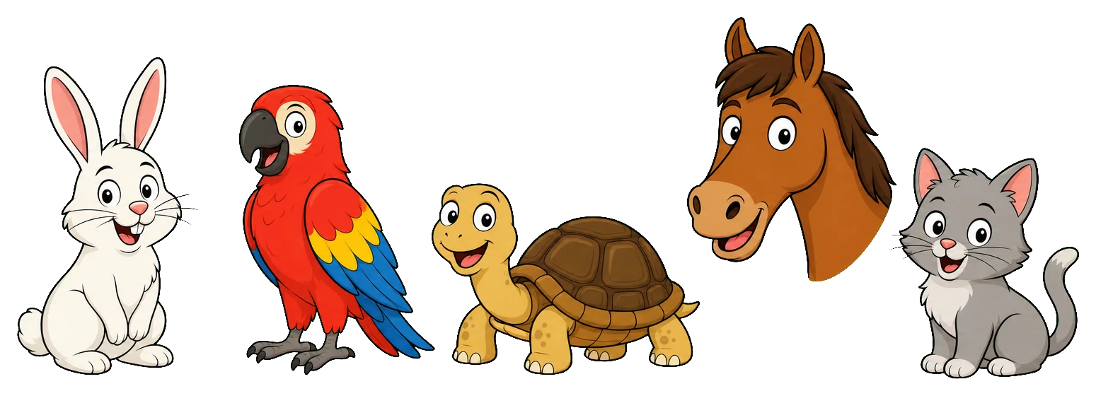Coniglio, pappagallo, tartaruga, cavallo e gattino in stile cartoon