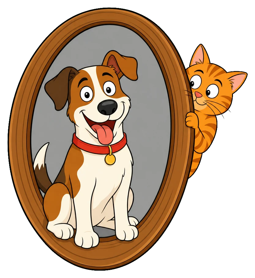 Cane cartoon in una cornice con un gatto che sbuca dal bordo
