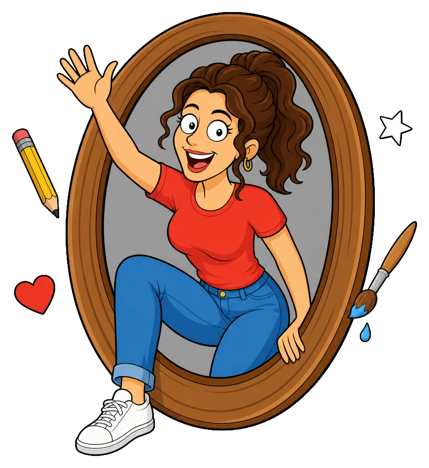 Ragazza in stile cartoon che esce da una cornice e saluta