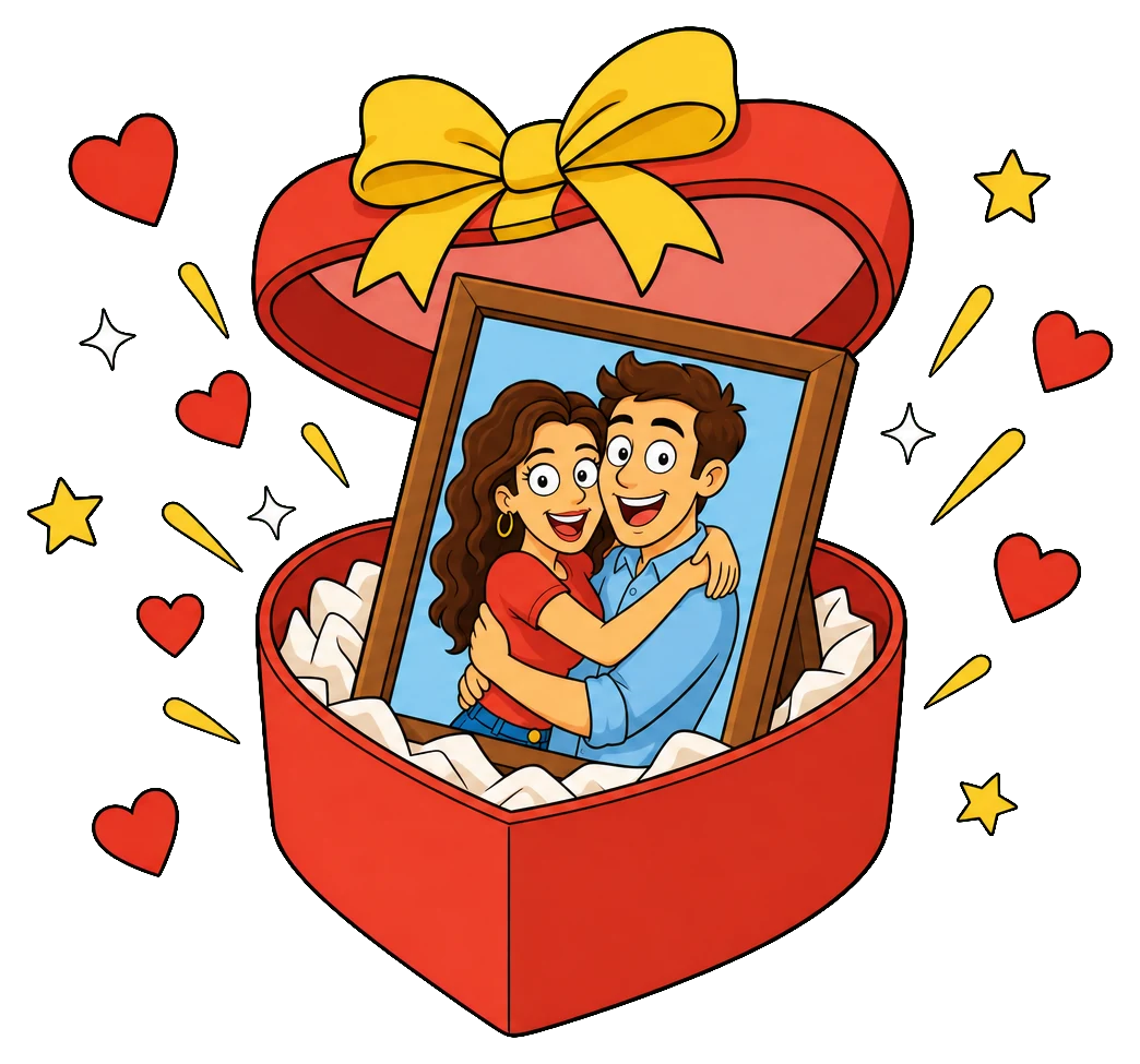 Pacco regalo a forma di cuore con un ritratto di coppia