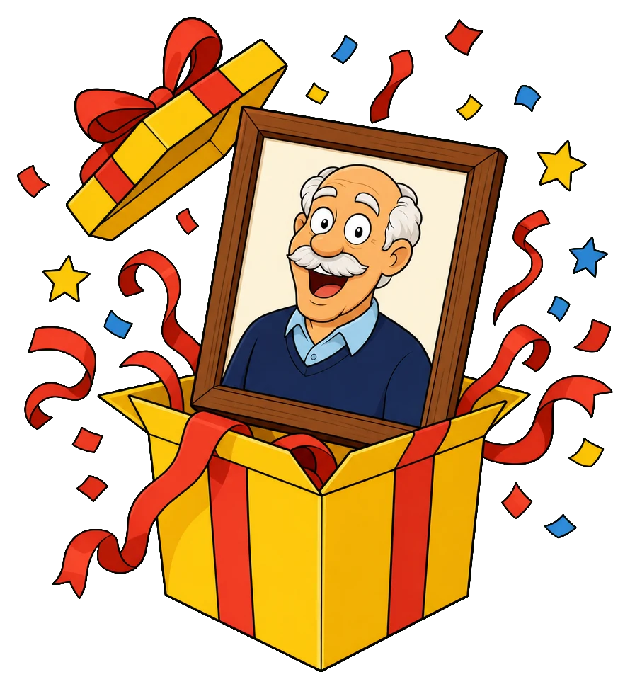 Pacco regalo che si apre con dentro un ritratto cartoon