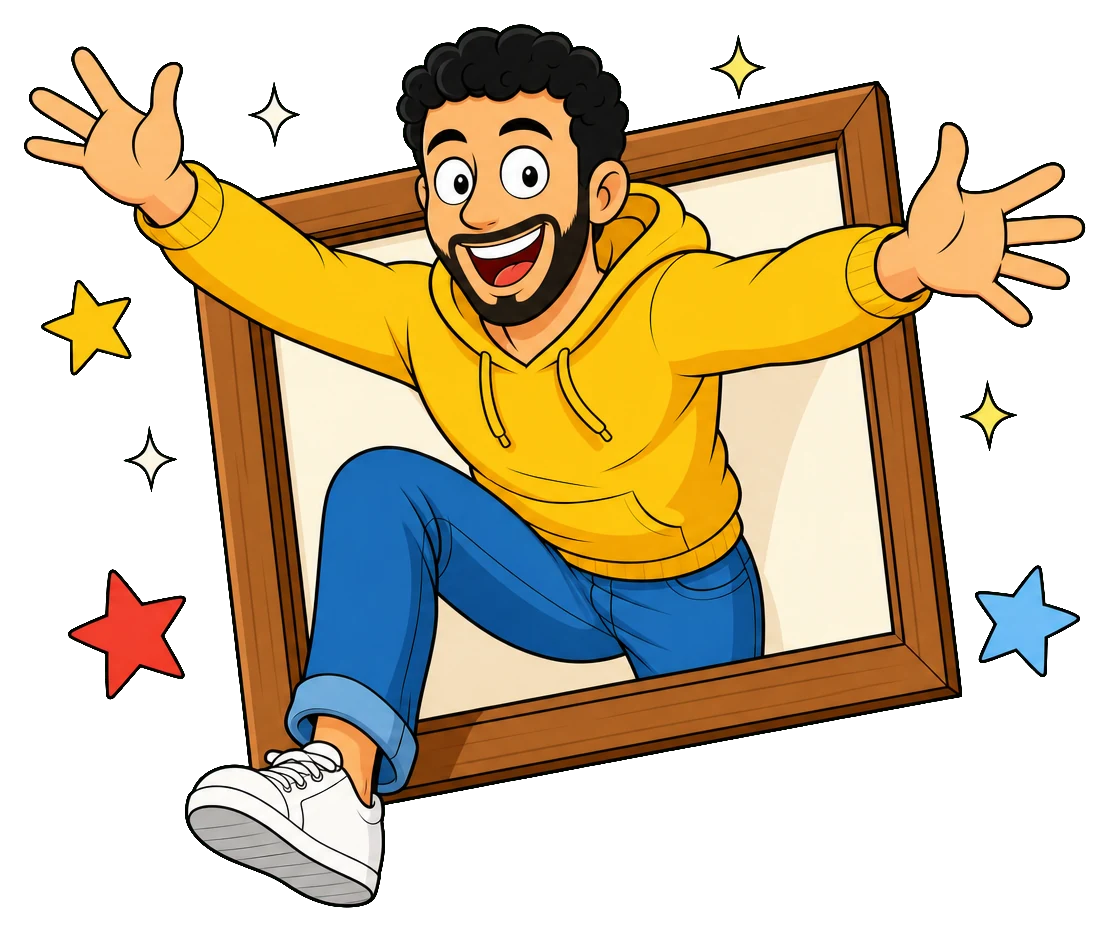 Ragazzo in stile cartoon che salta fuori da una cornice a braccia aperte