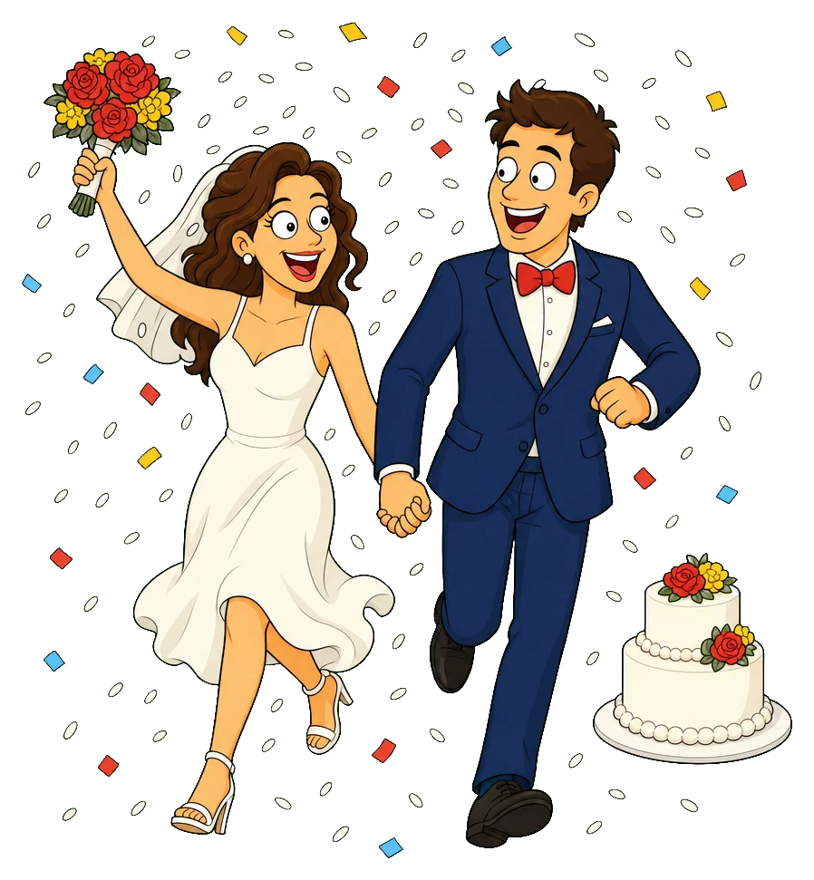 Sposi in stile cartoon che corrono sotto una pioggia di riso